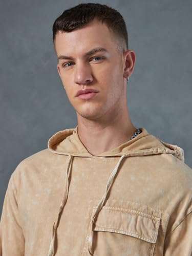 Image of Bewakoof Men's 100% Cotton Solid Oversized Fit Hooded T-Shirt