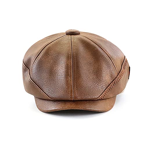 Ueither Hommes Réglable 8 Pièces Baker Gavroche Caps PU Cuir Béret Casquette Gatsby Ivy Chapeau 56-60 CM (Café foncé)