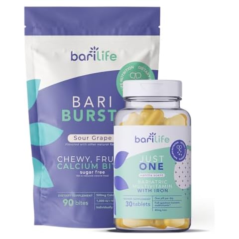 Bari Life Just One, Once Daily Bariatric Multivitamin with Iron (30 Tablets) and BariBurst Calcium Citrate Soft Chews for Gastric Bypass, Gastric Sleeve and Duodenal Switch (Sour Grape) Cover