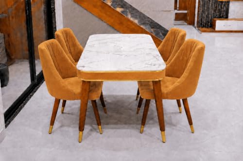 Image of WOODEN SPACE 4 Seater Wooden Dining Table Set | Urban Marble Top Dining Table with Chairs for Dining Room & Kitchen (Modern Frontline Mustard) (54 x 36 x 30 inch)