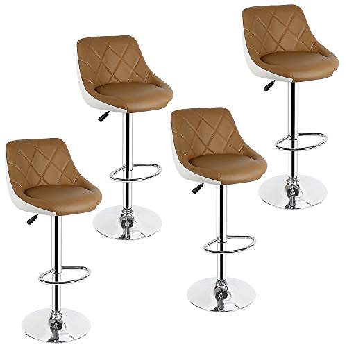 YIFAA Tabourets de Bar Lot de 4 en Cuir synthétique,Hauteur réglable 84-104cm (4-Chameau+Blanc)