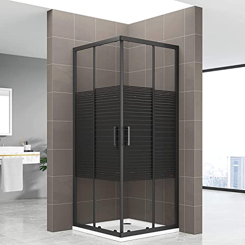 MOG Mampara de Ducha DK67 | 75x75x180 cm | Puertas corredoras | Cabina de esquina | Sistema enrollable | Cristal de Seguridad ESG de 6mm | Vidrio con Líneas Negras Cover