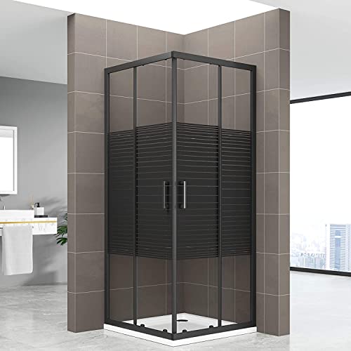 Mampara de Ducha Rectangular DANIELLE #67-80x100x190cm Cabina de Ducha con Perfiles de Aluminio Negro, Vidrio con Lineas Negras de Seguridad 6MM y Puerta Corredera con Sistema de 16 Rodillos