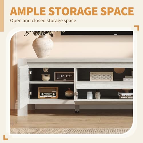 Image of TV Stand with Cabinet Doors, Entertainment Center with Adjustable Shelves, Media Console with Cable Management for Living Room or Bedroom，Grey