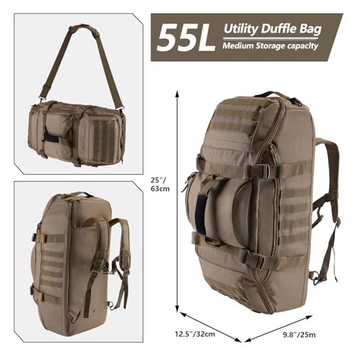 Image of Hannibal Tactical 55L Large Duffle Bag, 3-in-1 Tactical Backpack MOLLE Pack for Gym, Sports, Outdoor, Coyote