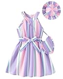 Yhnslsf Girls Dresses Size 7 Casual A-line Halter Neck Sleeveless Princess Dress with Belt Little Girl Dress Size 6 Paired with Bag and Hat Kids Girl's Purple Stripe Hawaiian Beach Sling Sundress