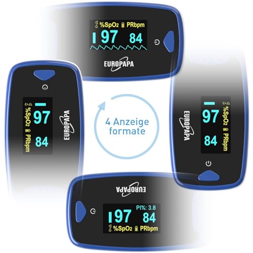 EUROPAPA Pulsoximeter,Fingerpulsoximeter,Oximeter ideal zur schnellen Messung der Sauerstoffsättigung (SpO2)-Einfacher Pulsmesser für Erwachsene–OLED Anzeige (Blau)