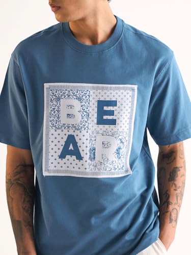 Image of THE BEAR HOUSE Men's Oversize Fit Blue Cotton Printed Polo