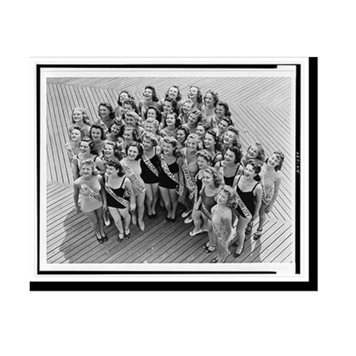 [Group of Miss America" contestants huddle together on the Boardwalk in Atlantic City, New Jersey]" Classic Wall Art Print | Black & White Historic Photo | Custom Frame Print | 16x20
