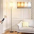 Ambimall Floor Lamps for Living Room - Remote Control, 9W Stepless Dimmable Bulb, Foot Switch, Color Temperatures, 64'' Tall Standing Lamp, Beige Lampshade, Reading Bedroom,Office (Black)