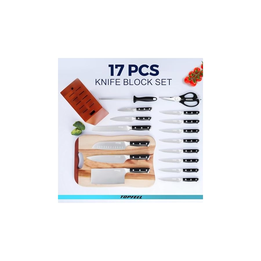 17PCS Kitchen Knife Set with Magnetic Knife Block-5 Chef Knives,8 Serrated Steak Knives Ultra Sharp Chef Knife Set with Knife Sharpener,Kitchen Scissors