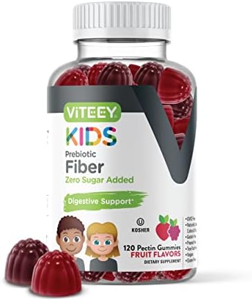 Viteey Prebiotic Kids Fiber for Constipation Relief, Digestive Health Regularity Support, Natural Weight Support – Fiber 4g, Zero Sugar Added, Vegan, Gluten Free – Tasty Chewable Fruit Flavored Gummy
