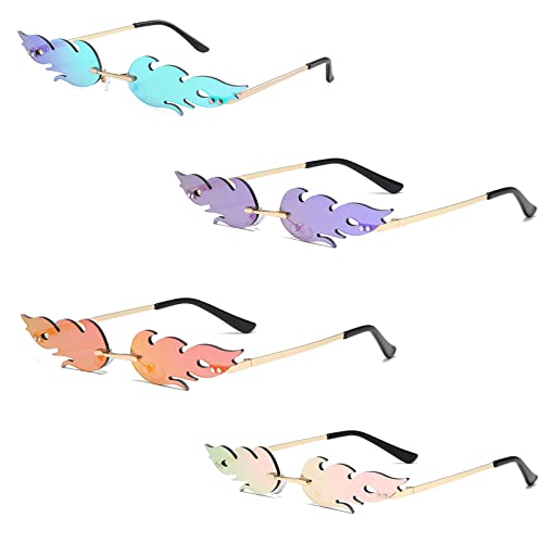 4 Stück Flame Fashion Sonnenbrillen, Flammenbrille Rahmenlose Sonnenbrillen, Creative Flamme Form Brillen Unisex, Randlos Welle Sonnenbrille Mode, Persönlichkeit für Party Strand Draussen Cover