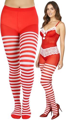 ToBeInStyle Womens Nylon Horizontal Striped Tights - White/Red - One Size