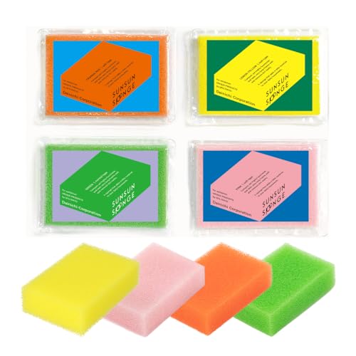 SunSun Sponge Kitchen Sponges, Made in Japan All Surface Scratch-Free Odor Resistant Durable Long-Lasting Sponge for Dishwashing, Pastel Color, 4 Count
