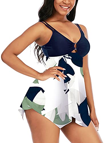 Womens Athletic Two Piece Swimsuits Tummy Control Swimsuit For Women Bathing Suits With Sporty Shorts Blue Leaf #TOP1