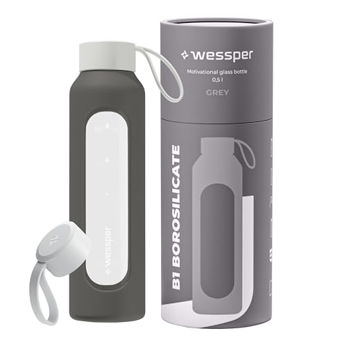 Wessper Botella de Agua Cristal, Botella 500 ml Motivadora con Escala de Hidratación, Botellas de Vidrio Borosilicato con Funda de Silicona, Material Seguro sin BPA - Gris