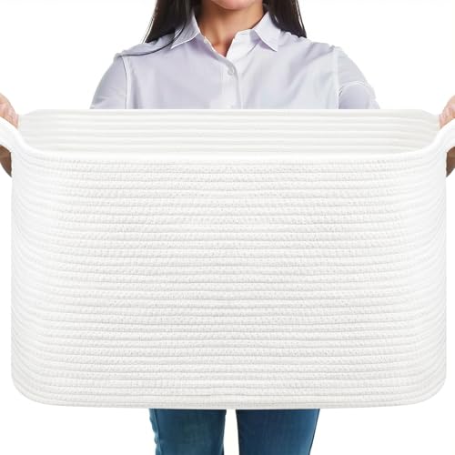 JOJOSEE Large Storage Basket, Blanket Basket for Clothes Bedding, Woven Storage Baskets, Toy Storage for Kids, Rope Basket for Living Room, Nursery, Bedroom 55x38x30 cm (White, 1 Pack)