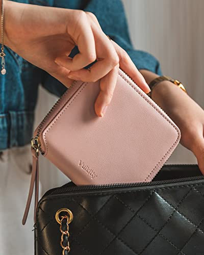 Image of Vulkitty Women Leather Wallet RFID Blocking Bifold Slim Coin Purse Credit Card Holder with Zipper Pocket Case, Pink, Classic
