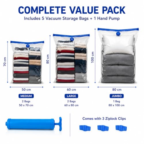 Image of Vacuum Storage Space Saver Compression Bags For Clothes and Blankets with Travel Hand Pump, Pack of 5 Polypropylene Reusuable Ziplock Bags, 2 Medium 2 Large and 1 Jumbo