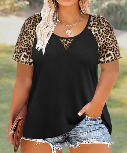 Image of CARCOS Plus Size Tops for Women Short Sleeve Shirt Summer Star /Leopard /Tie Dye /Flower Crewneck Pullover Tunic XL-5XL