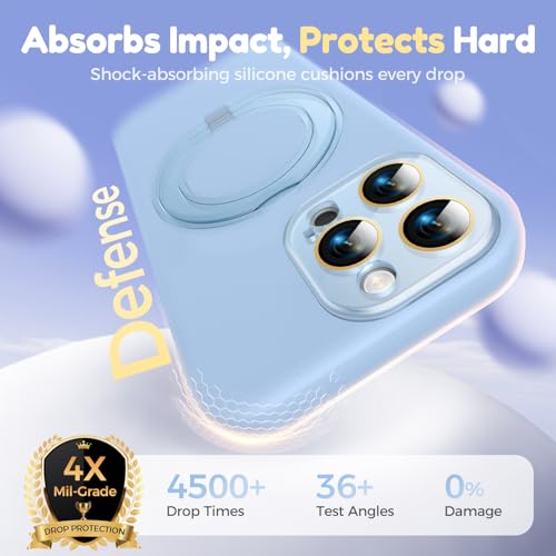 Image of Silicone 360 Spin Magnetic Stand Case for iPhone 16 Pro Max, [Compatible with Mag-Safe][Reinforced Hard Camera Protection] Liquid Silicone Rubber Phone Cover with Ring, Camera Button, Sky Blue