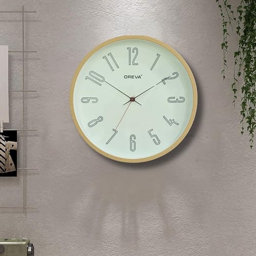Image of OREVA 14 Inch Round Fancy Embossed Number Dial Contemporary Stylish Quartz Clocks Modern Analog Silent Wall Clock for Living Room Bedroom Home Decor Office AQ-9477SS (L Wood)