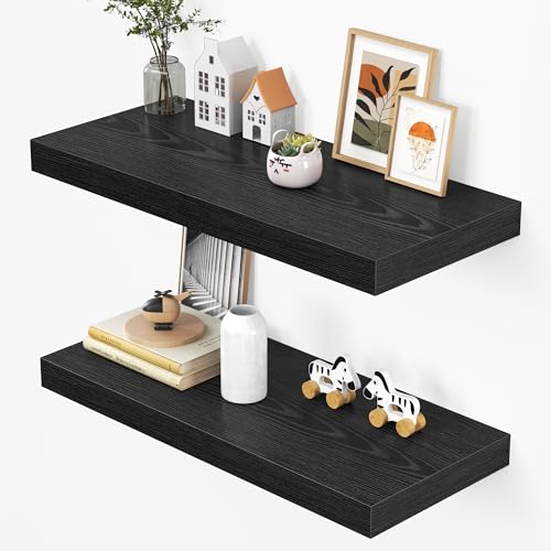 Image of Dreamland 32 inch Floating Shelves for Wall, 12 inch Deep Thicker Black Floating Shelves, Wall-Mounted Shelves for Bedroom, Living Room, Kitchen, Bathroom - Set of 2