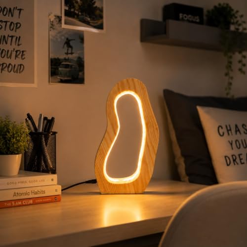 Image of THE GRANDEUR Modern Wooden LED Night Lamp for Bedroom - Decorative Table Lamp for Living Room, Bedside & Home Decor - Warm Ambient Light Wooden Lamp (12x6 inch)