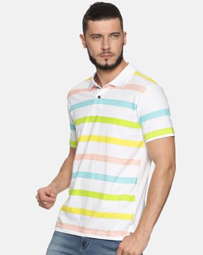 Image of KRYPTIC Men White Stripes Printed Polo Collar Pure Cotton T-Shirt (White;XL)