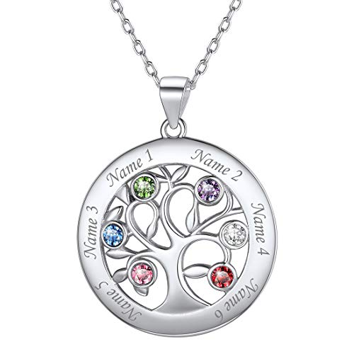 U7 Heart/Round Tree of Life Necklace, Customized Birthstone Jewelry for Women Men,Custom Name Family Branch Tree Pendant Personalized Mother Necklaces with 2-7 Names and Birthstones