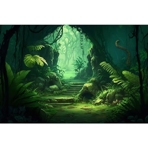 Image of Cartoon Jungle Cave Aquarium Background Green Prehistoric Tropical Leaves Fish Tank Background Small Path Misty Rainforest Reptile Tank Backgrounds Foggy Cave Reptile Enclosure Backgrounds 48x20in