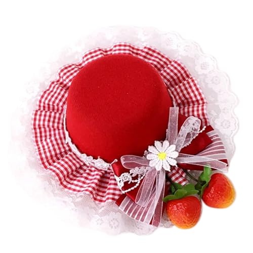2PCS Delicate Bow Plaids Strawberry Side Clip Top Hat for Sweet Girls Lace Strawberry Bowler Hat