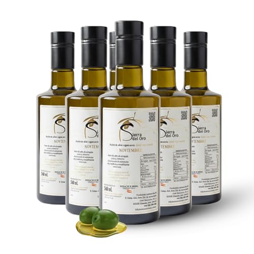 Sierra del Oro Aceite de Oliva Virgen Extra NOVIEMBRE Pack 6x500 ml | Cosecha Exclusiva de Jaén | AOVE Picual Verde Intenso | Aceituna Recogida en Nocturno | Producción Limitada | Máxima Calidad