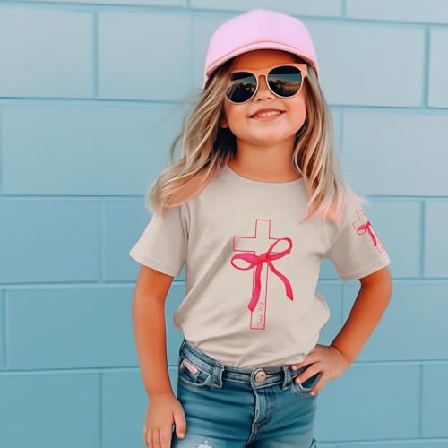 Image of Girls Cute Christian Shirts Kids Pink Bow Shirt Jesus God Faith Tshirts Aesthetic Cross Bible Verse Graphic Tee Tops