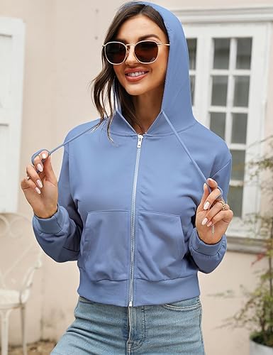 Image of Casual Wear Solid Crop Zipper Jacket Hooded Neck Full Sleeves with Kangaroo Pocket Hoodie for Women