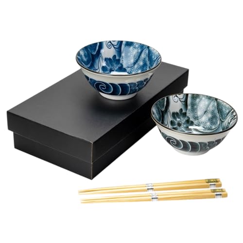 Mino Ware Japanese 5" Dia Tayo Bowl Set, 16 oz, Bowl with Chopsticks, Multi Purpose, Udon, Ramen, Donburi, Rice, Cereal, Soup, Noodles, Made In Japan (Koi Fish)