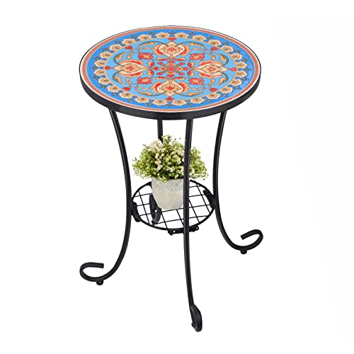 VCUTEKA Outdoor Side Table Mosaic Patio Table Accent Tables Mosaic Tile Top Metal Frame Small End Tables Porch Beach Patio Garden Balcony Blue 14''