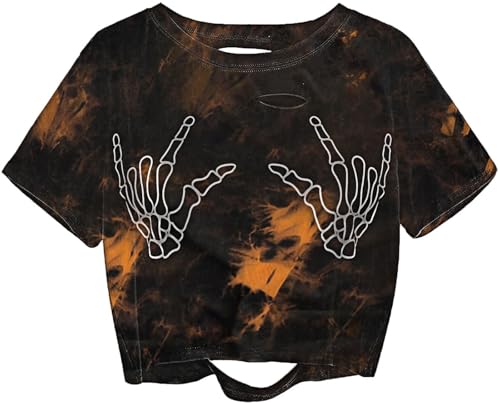 Image of Avanova Women Skull Finger Graphic Distressed Tee Shirt Ripped Short Sleeve Crop Tops