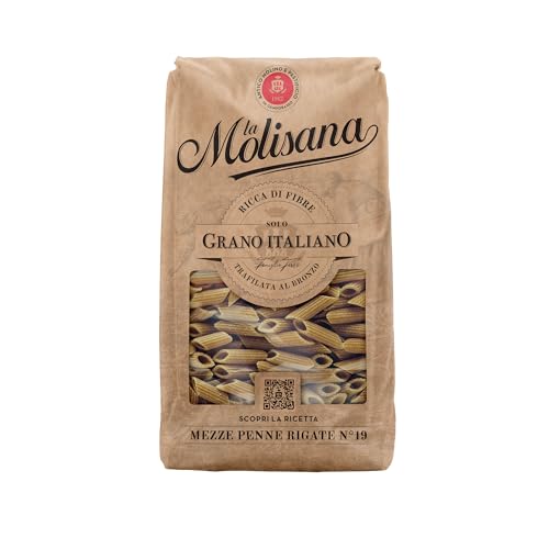 La Molisana - Mezze Penne Rigate Integrali n. 19, Pasta Integrale da Solo Grano Italiano, Ricca di Fibre, Superficie Rugosa, Trafilata al Bronzo, Confezione da 500 g