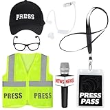 Yewong 6 Pieces Adult Journalist Costume Set Press Hat Vest Pass Card Microphone Earpiece Prop Costume Glasses Frame for News Reporter Dress up Halloween Party