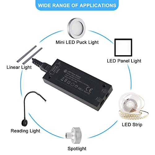 Image of VST 20W LED Power Supply, AC 100-240V to DC 12V Low Voltage Transformer with JST Ports, Black Power Adapter for Cabinet Strip Lights, Dimmer Switch Not Included