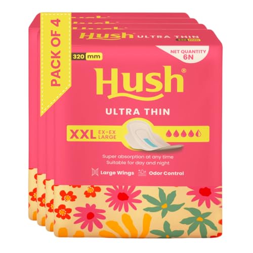 Image of Hush Ultrathin Sanitary Pads | 320mm | Super Absorption | Large Wings | Odour Lock | Comfortable & Long-Lasting Protection | Pack of 4 | XXL | 24 Sanitary Pads