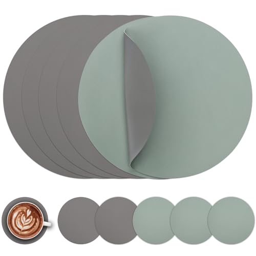 Myir JUN Tischsets 6er Set Tischsets Abwaschbar Platzsets Rund Ø 38cm Platzdeckchen Rund Doppelseitigen rutschfest Platzsets Kunstleder Leder Tischset Lederoptik (Grau & Salbeigrün 6er Set)