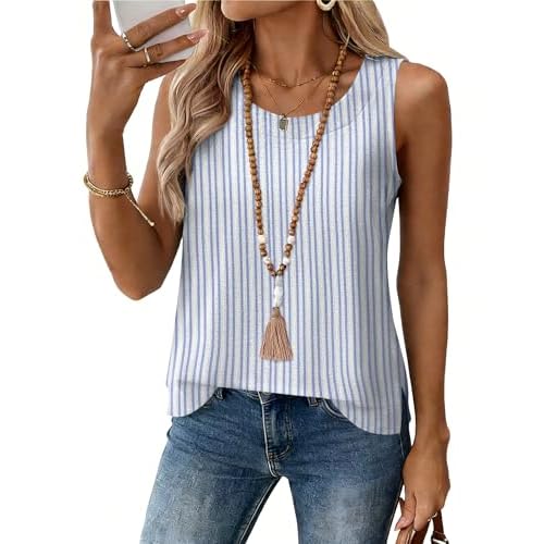 Rapbin Womens Summer Tops Tank Top for Women Cotton Linen Shirts for Women Spring Crewneck Sleeveless Shirts Blue White Stripe XX-Large