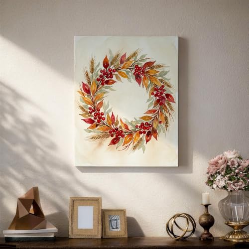 Lienzo decorativo de hojas y bayas en rojo otoño, cuadro rústico de 40x50 cm para salón 5