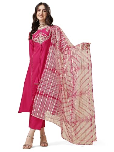 Image of EthnicJunction Women's Chinon Embroidered Straight Front Slit Kurta Palazzo & Organza Dupatta Set | Wedding | Heavy | Outfit | Suit
