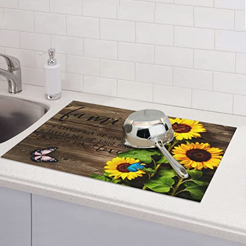Quotes Inspiring Family Words Absorbent Dish Drying Mat Xl Kitchen Counter Microfiber Mat Vintage Butterfly Sunflowers Wooden Drying Pad Reversible Drainer Mats For Countertop Large 18 X 24 Inch #TOP6