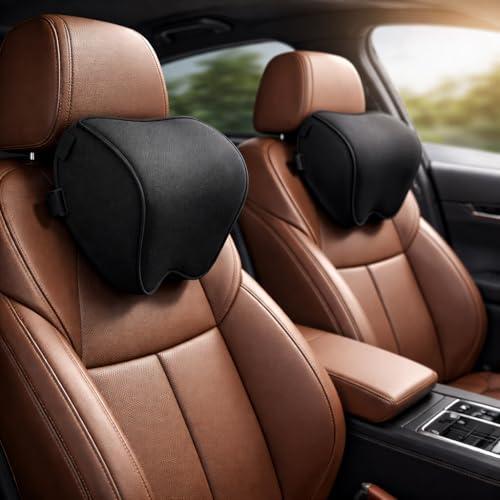 Generisch 2-Pack Auto Nackenkissen, Weichheit Auto Kopfstütze Kissen zum Fahren mit verstellbarem Riemen, 100% Memory Foam und atmungsaktiver Abnehmbarer Abdeckung (Black)