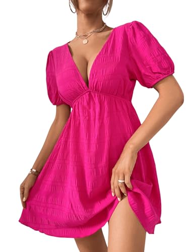 WDIRARA Women's Puff Sleeve Deep V Neck Tie Back Mini A Line Swing Dress